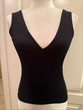 Black Deep V-Neck Sleeveless Tank Top w/ Keyhole Back and Neck Tie Small NEW